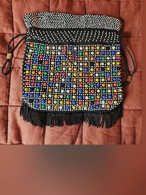 Vintage Black Beaded Candy Dot Cinch Bag
